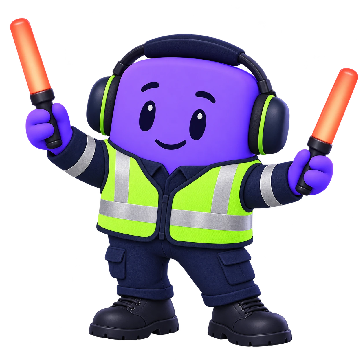 The FieldTie mascot in high-visibility clothing and ear defenders, holding aircraft marshalling wands.