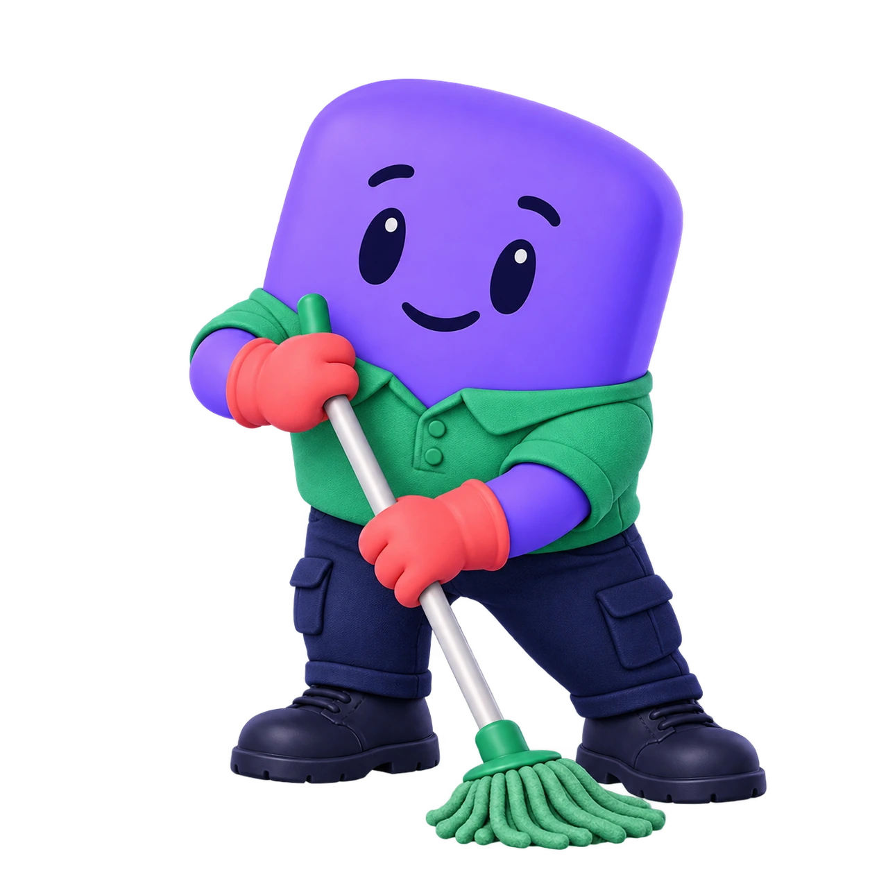 The FieldTie mascot in cleaning workwear using a mop.