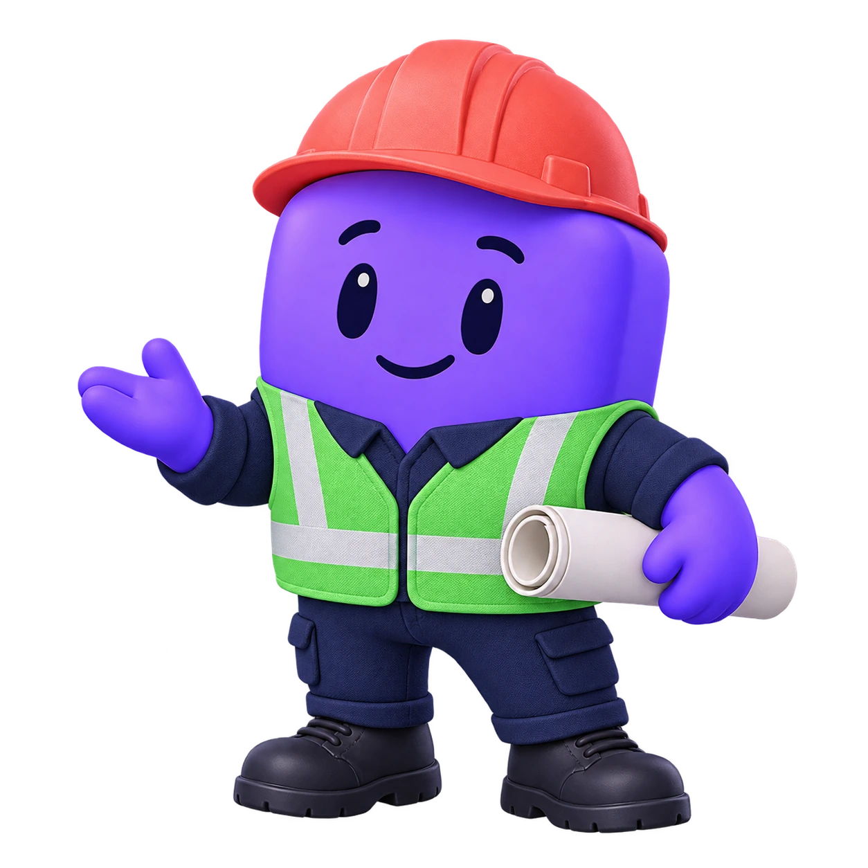 The FieldTie mascot wearing a hard hat and holding a rolled site plan.