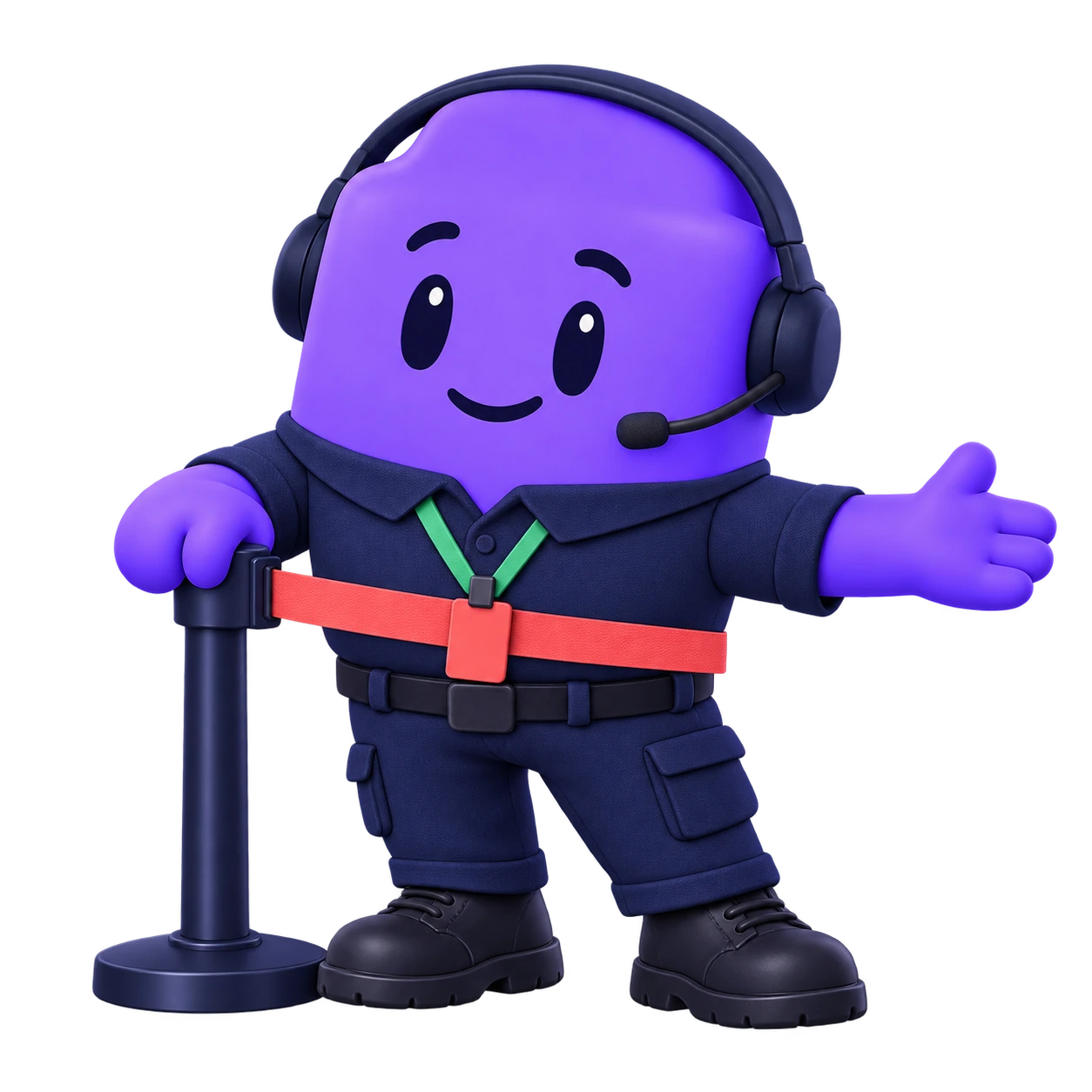 The FieldTie mascot wearing a headset and lanyard while working with an event barrier.