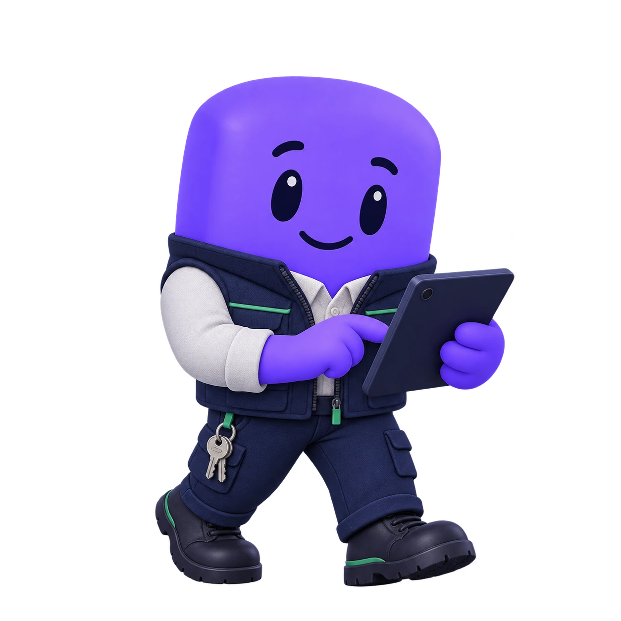 The FieldTie mascot coordinating facilities with a tablet and keys.