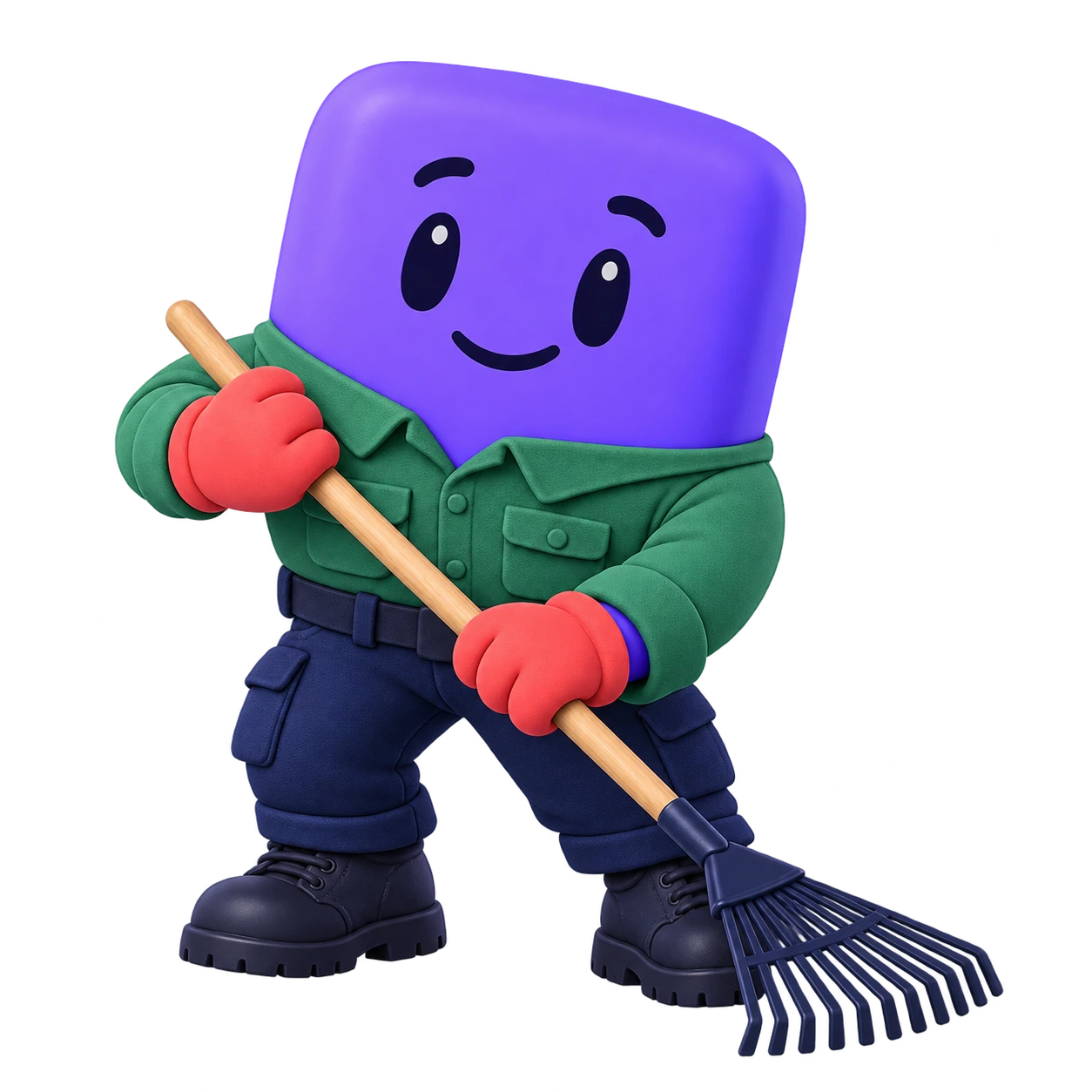 The FieldTie mascot maintaining grounds with a leaf rake.