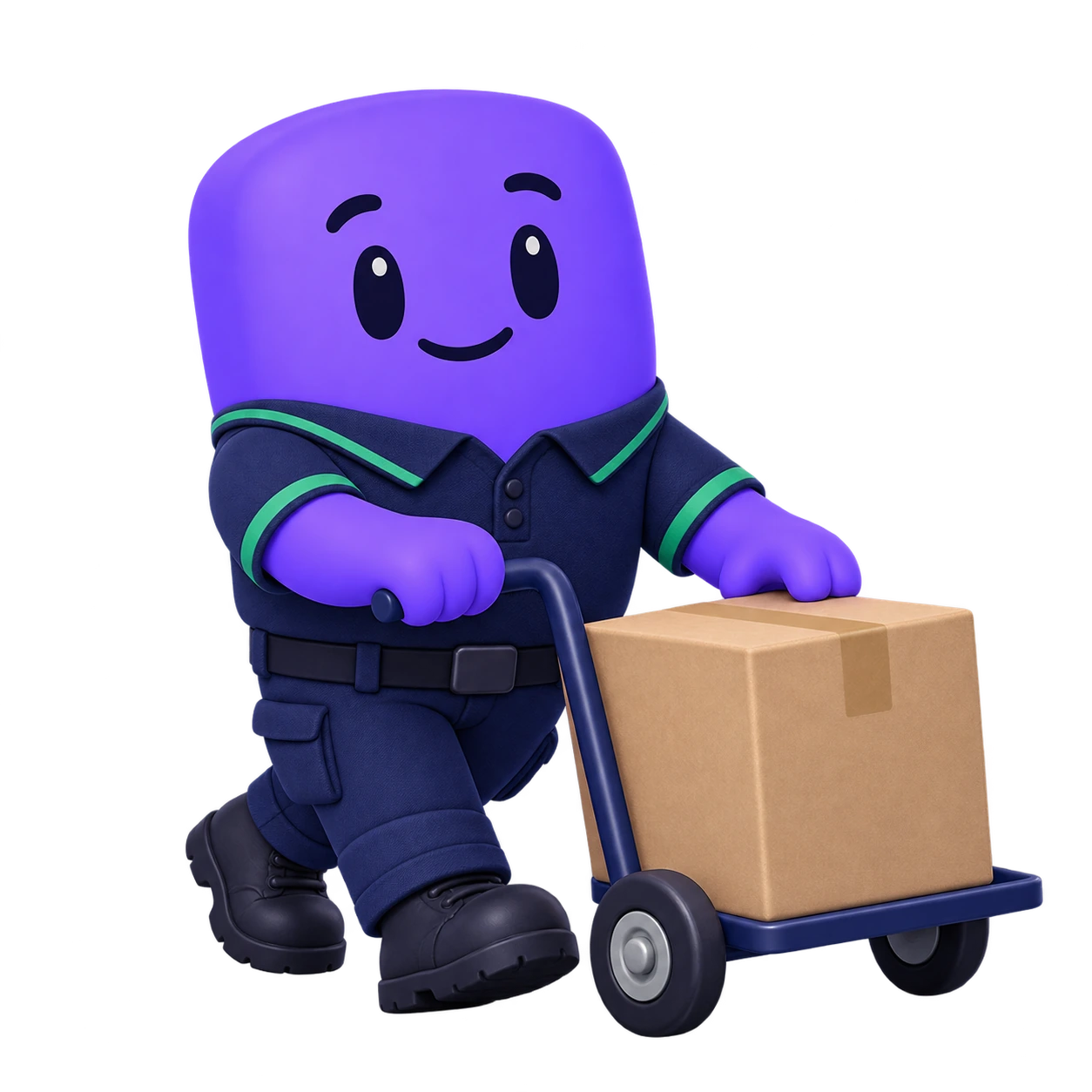 The FieldTie mascot moving a parcel with a hand trolley.