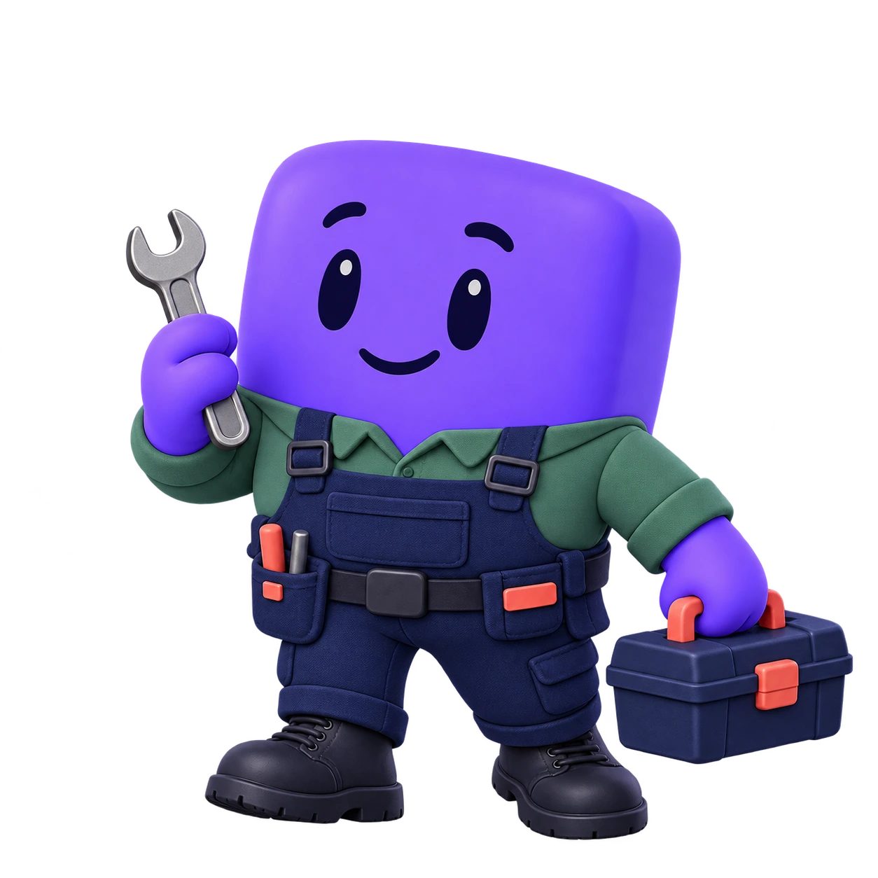 The FieldTie mascot in maintenance workwear with repair tools.