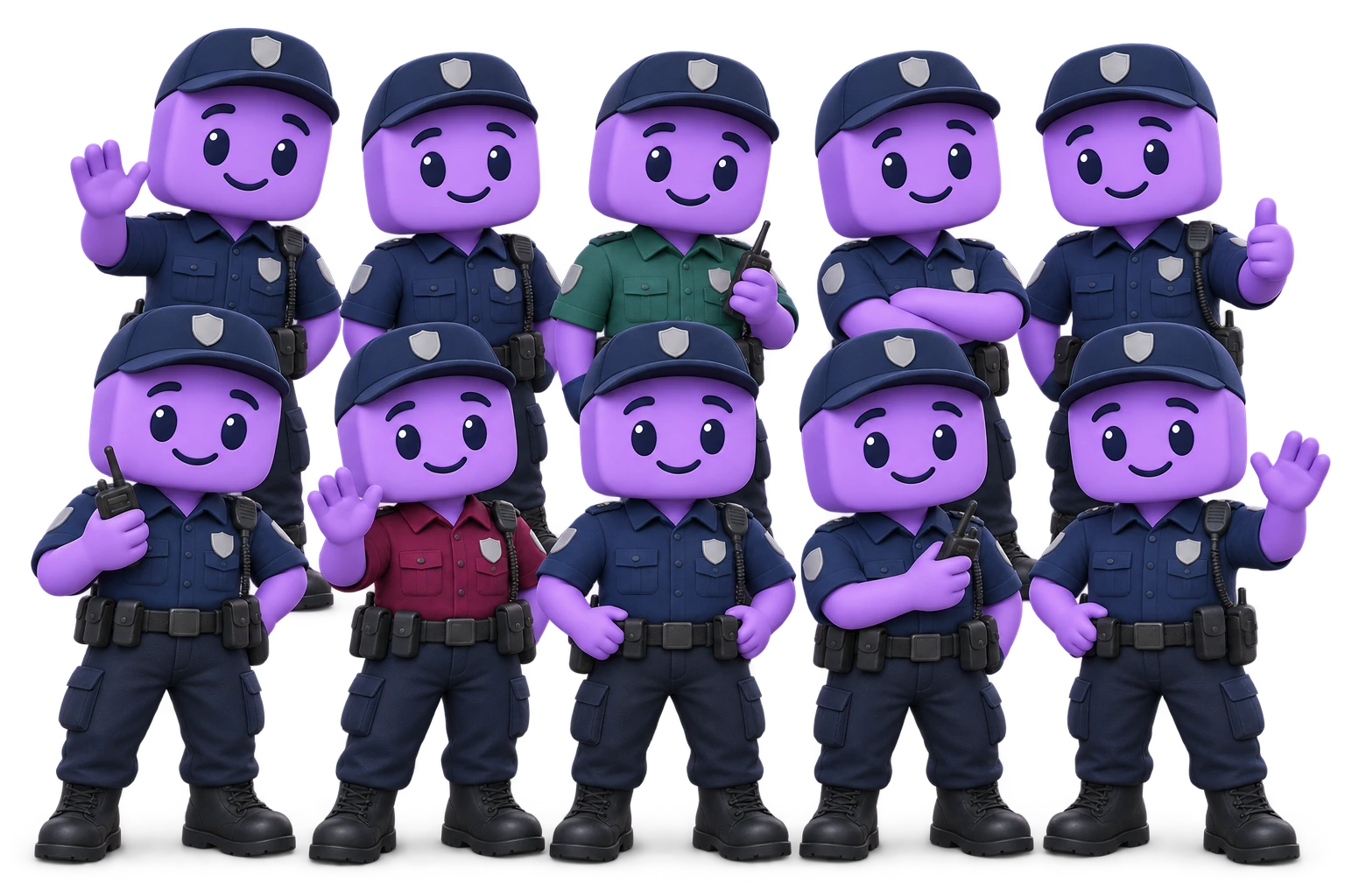 Ten FieldTie security workmates together as one team: eight in blue uniforms, one in teal and one in burgundy.