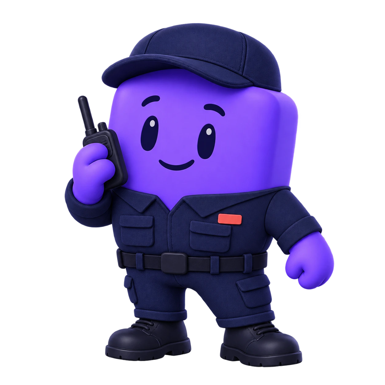 The FieldTie mascot in a security uniform using a radio.