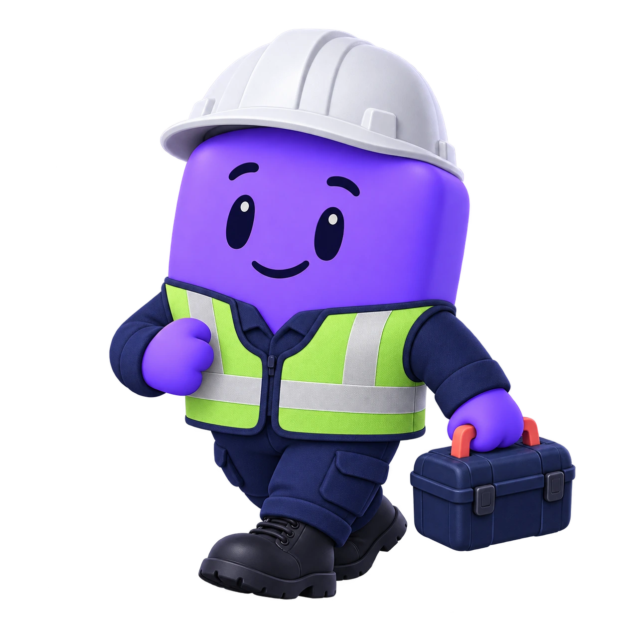 The FieldTie mascot in utility workwear with a hard hat and equipment bag.